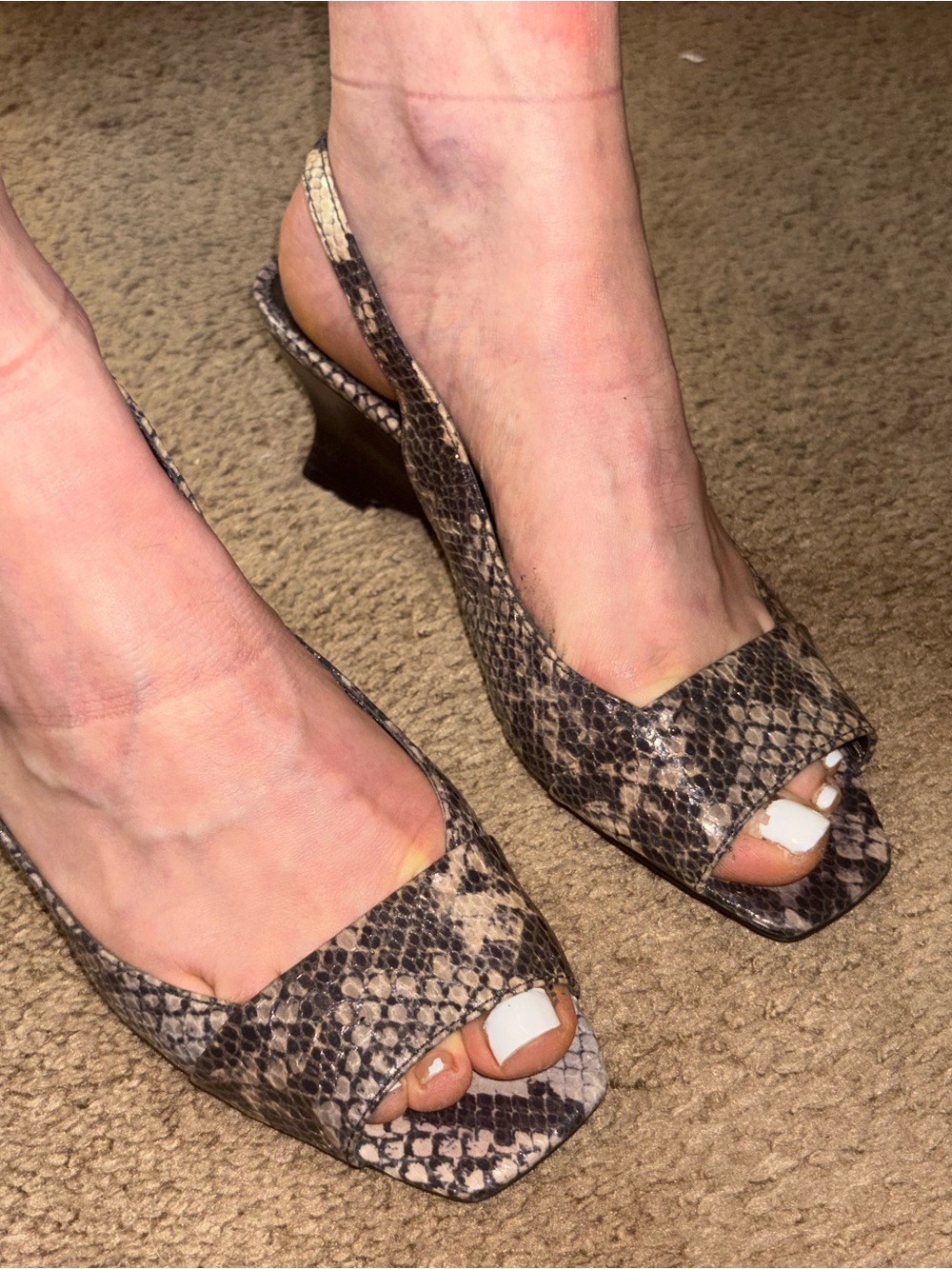 Franco Sarto Snake-Print Slingback Kitten Heels in Taupe and Black